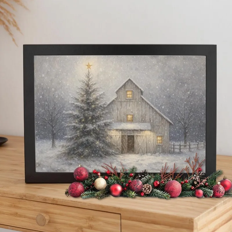 Rustic Winter Barn Canvas Wall Art Unframed Snowy Farmhouse Print Christmas Tree Star Warm Light Scene Poster Country Home Decor