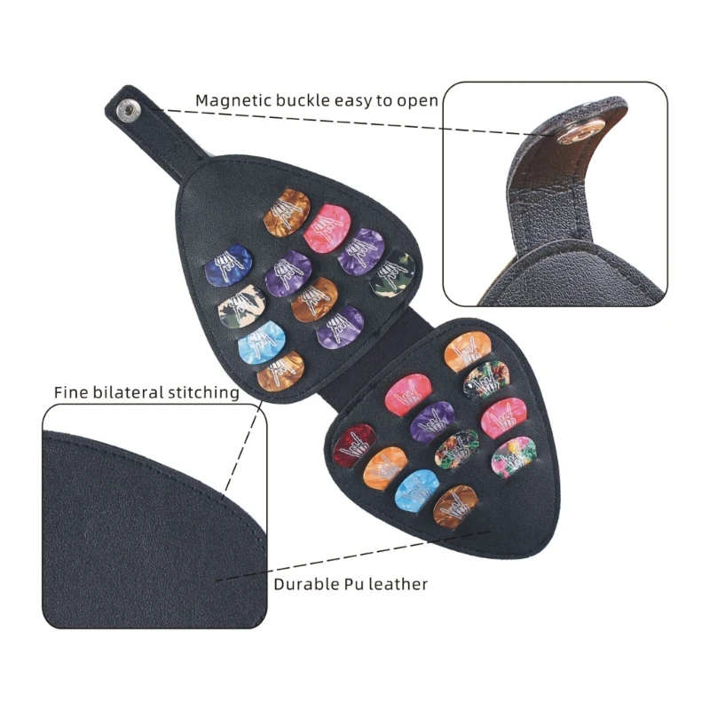 YD61 Guitar Picks Holder Case Holds 22Pcs Packs Picks of Different Thickness and Patterns, Double Layer PU Leather Picks Bag