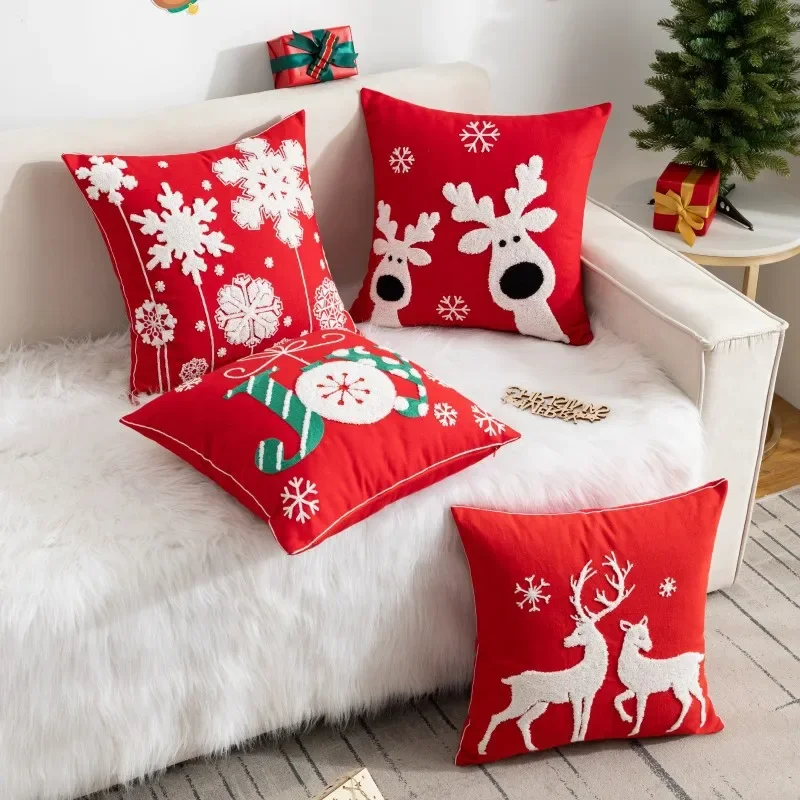 Juste de coussin brodée imprimée de dessin animé de Noël, taie d\'oreiller décorative, père Noël, canapé à la maison