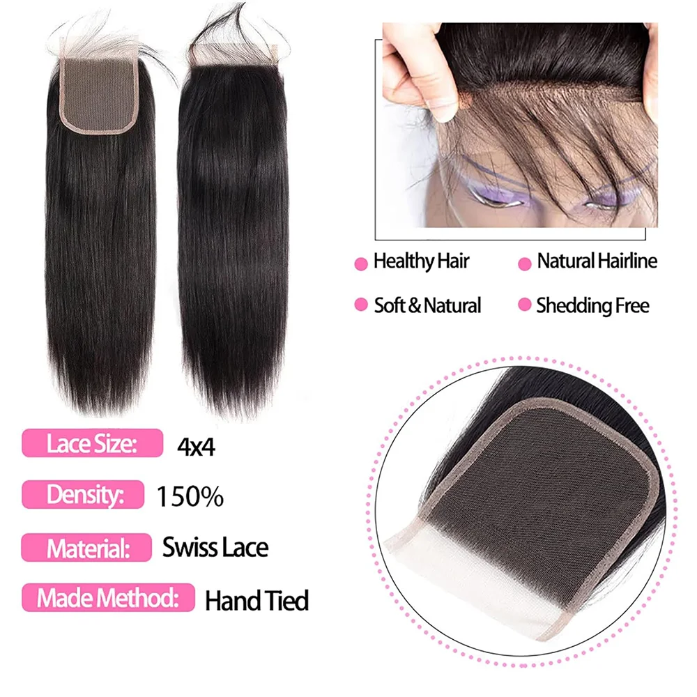 Natural Black Straight Human Hair Bundles #1B 4x4 Lace 13x4 Frontal Brazilian Virgin Unprocessed Human Hair Bundles With Closure