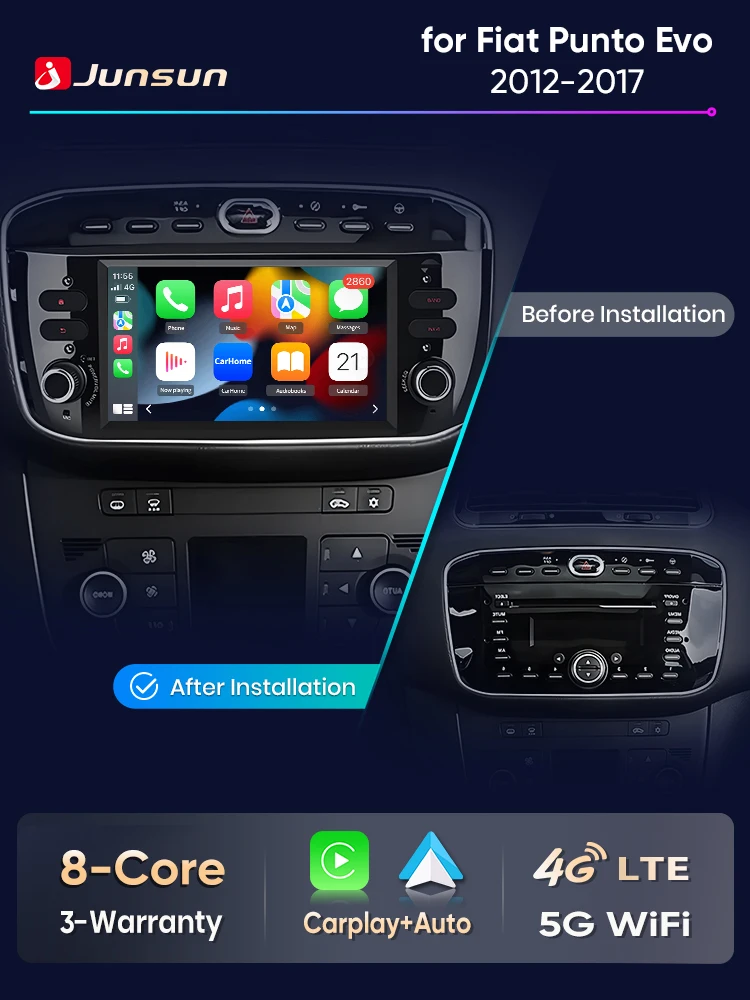 Junsun 7" Kabelloses CarPlay Android Auto Autoradio für Fiat Linea Punto Evo 2012-2015 Multimedia Kabelloses Apple CarPlay Intelligente Systeme IPS Touchscreen Stereo-Videoplayer 2 Din Autoradio Head