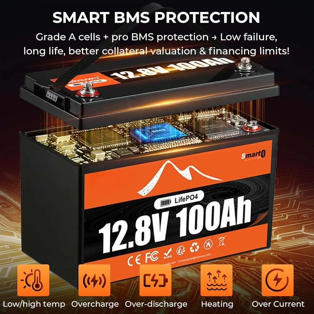 Batería de Litio LiFePO4 de 12.8V 100Ah con Bluetooth, 1280Wh de Energía, BMS de 100A Integrado, Más de 15000 Ciclos Recargables, Personalizable