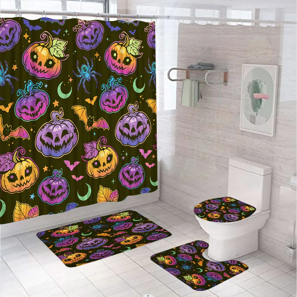 Halloween Pumpkin Bathroom Set Shower Curtain Rug Accessories Bat Spider Neon Colorful Spooky Autumn Bath Curtain Bathroom Decor