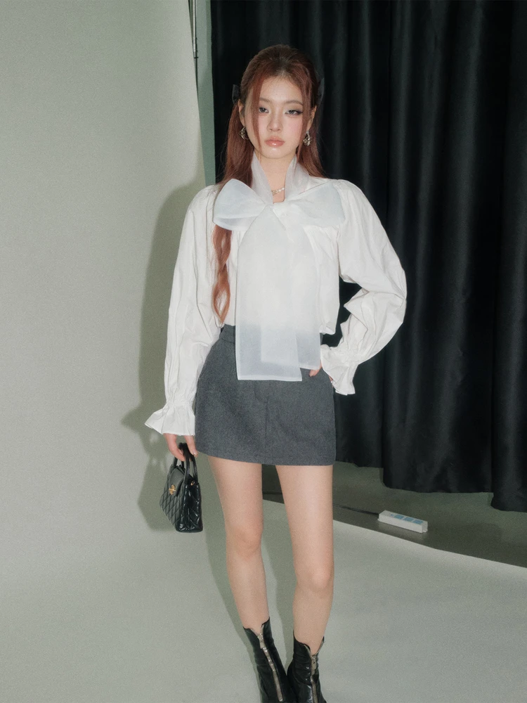 

Женская свободная блузка Olivia Duo с длинным рукавом и узлом, осенне-зимняя новинка, смесь хлопка и полиэстера