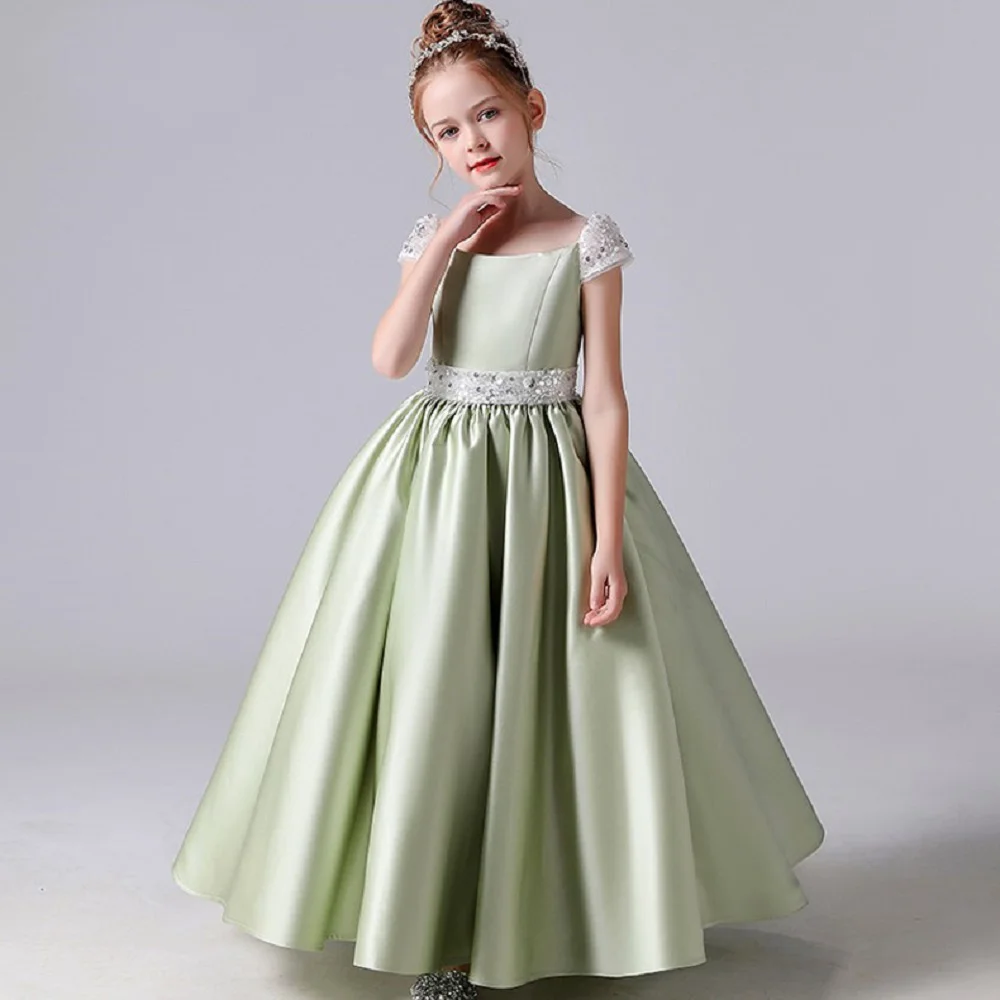 Green Flower Girl Dresses for Wedding Elegant Satin Girl Birthday Party Sequins Princess Formal First Communion Dresses