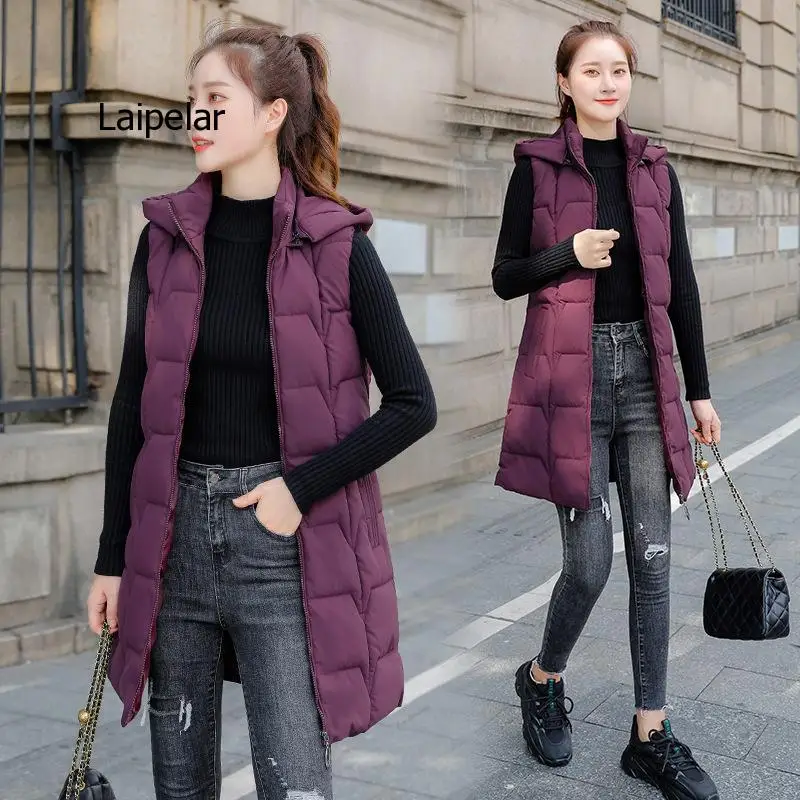 Fashion New Autumn Winter Long Cotton Vest Women Jacket Korean Hooded Sleeveless Coat Femme Slim Warm Ladies Waistcoat New