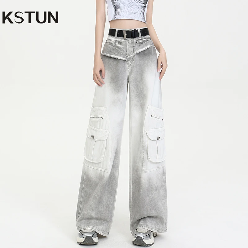 

KSTUN Cargo Jeans Women Wide Leg Pants High Waist Loose Baggy Jeans Tie-dye Multi-Pockets Designer Streetwear Patchwork Trousers