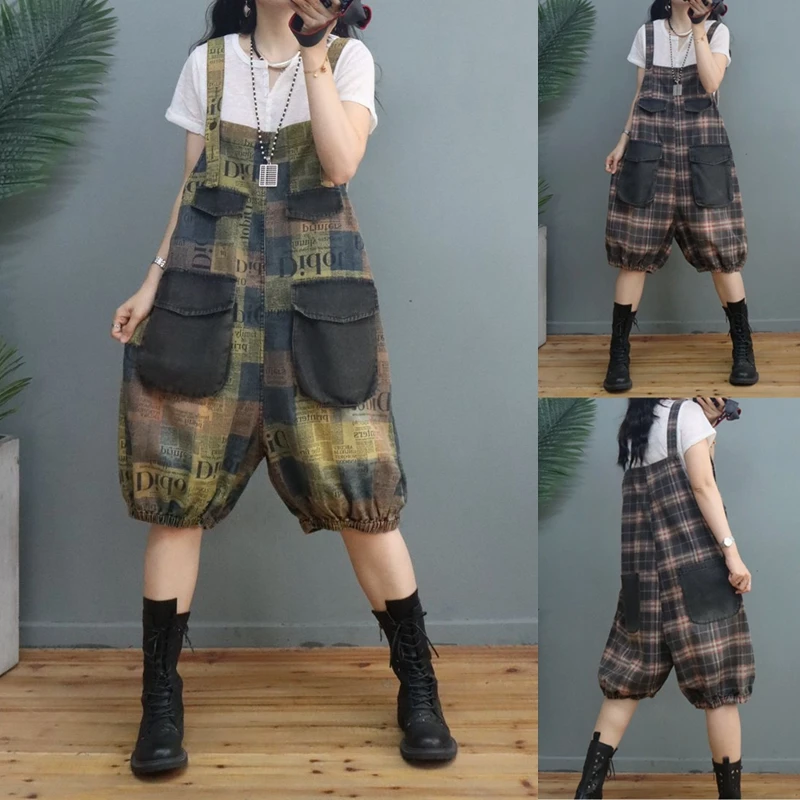 

Faionable Younglooking клетчатый джинсовый комбинезон женские летние новые свободные большие размеры модные индивидуальные брюки из пяти частей