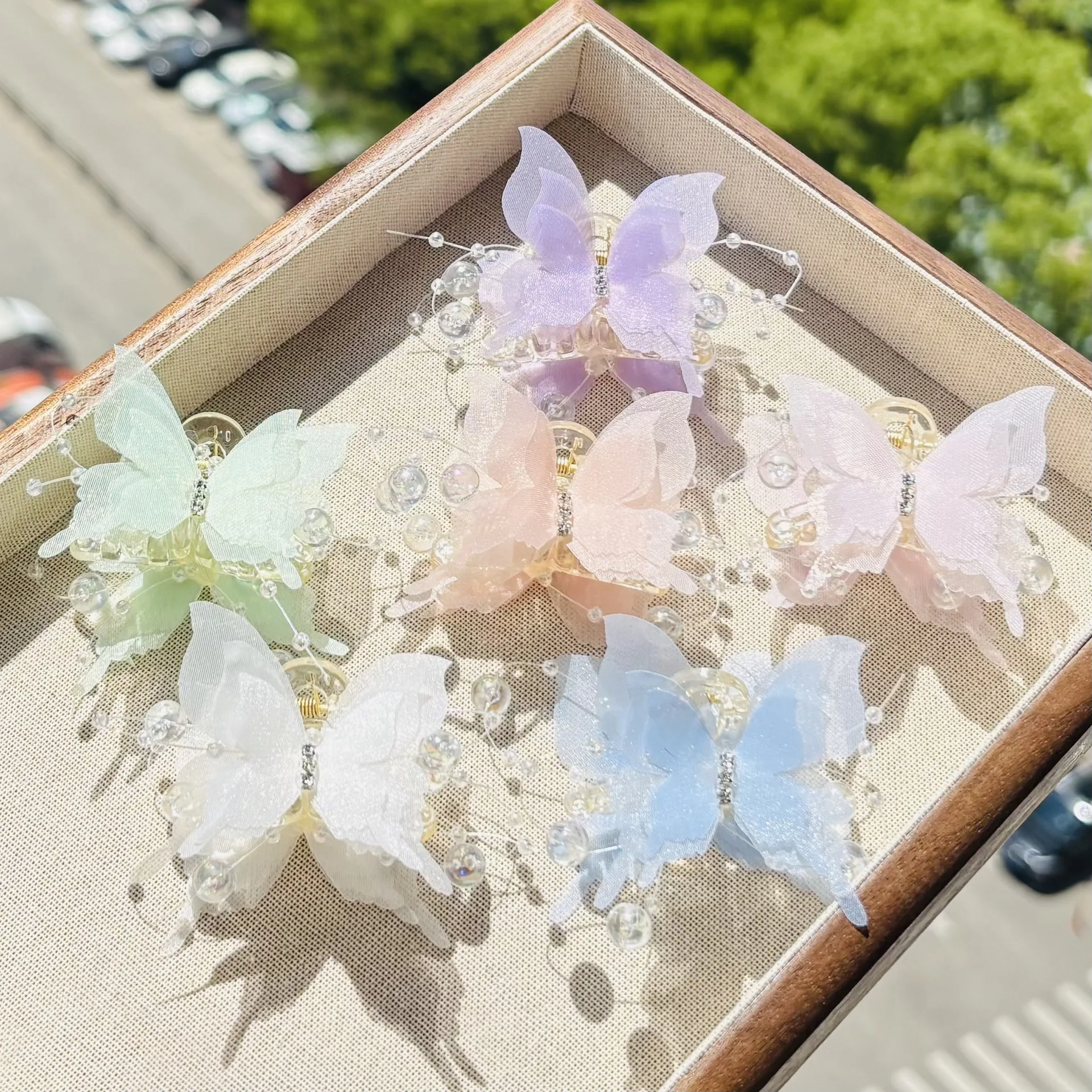 Organza-Schmetterlings-Haarspangen für Frauen, glitzernde Perlen-Haarklammern, Haarschmuck für Abschlussball, Hochzeit, Alltag, Mädchen-Haaraccessoires – Detail 6