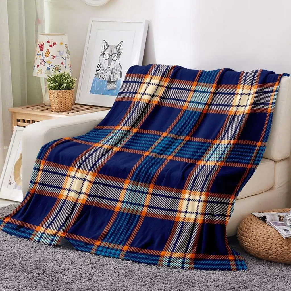 Navy Blue Orange White Classic Scottish Tartan Plaid Retro Print Warm Blanket For Bedroom Sofa Camping Home Leisure House Use