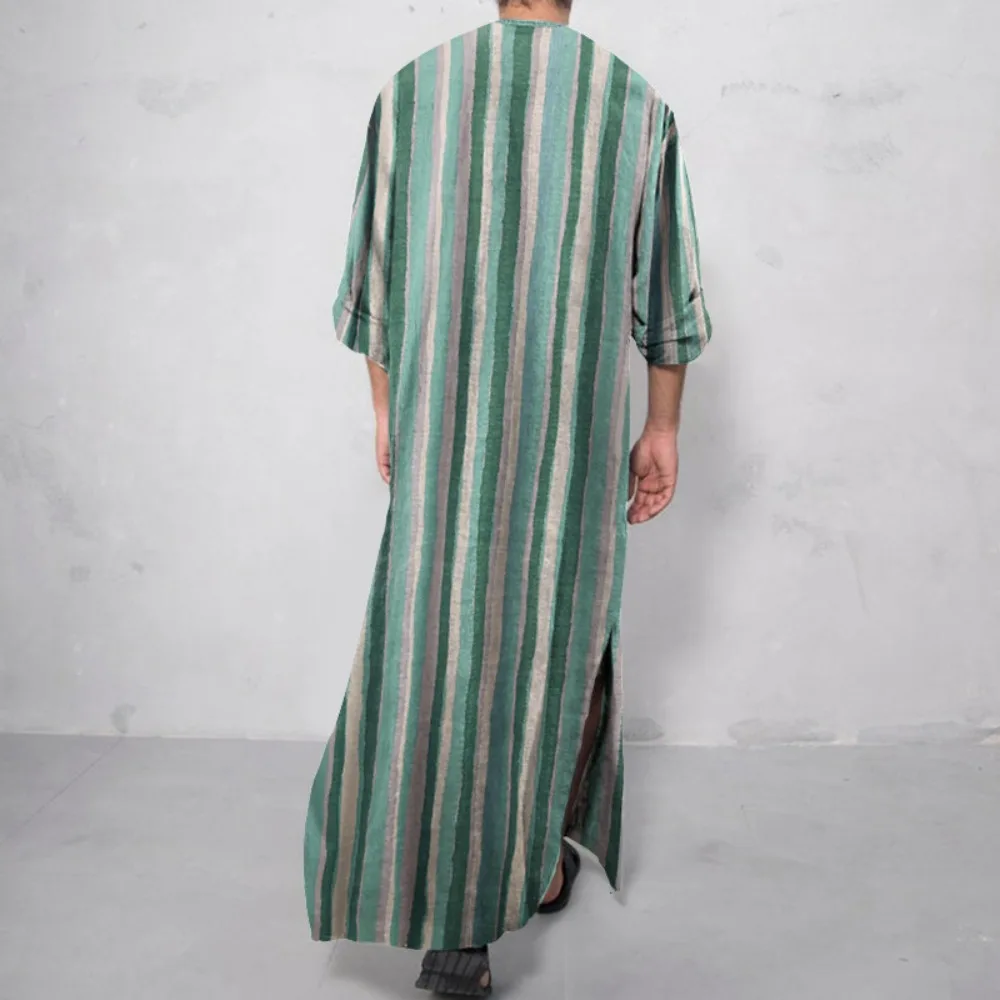 Striped Print Shines! Middle Eastern Men's Long-sleeve One-piece Robe, Spring-Summer Arabian Muslim Wear Comfortable Style