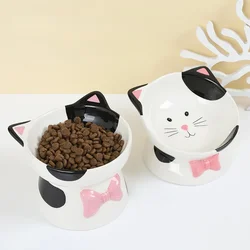 Cartoon Ceramic High Foot Cat Bowl Black and White Contrast Cat Head Large Bowl Mouth Cat Food Bowl