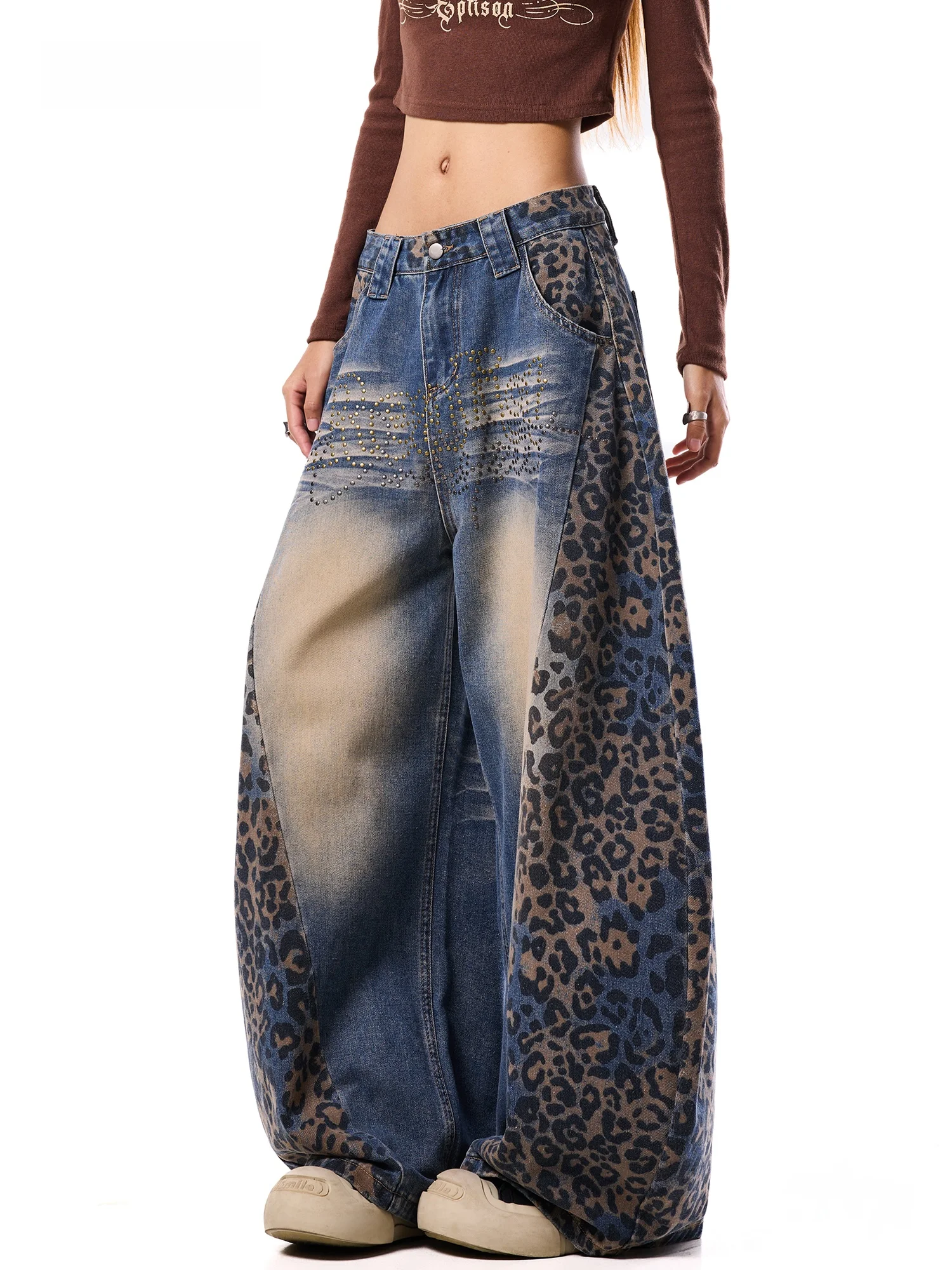 American High Waist Wide Leg Denim Jeans Women's Autumn Vintage Loose Fit Splicing Rhinestone Leopard Print Trousers