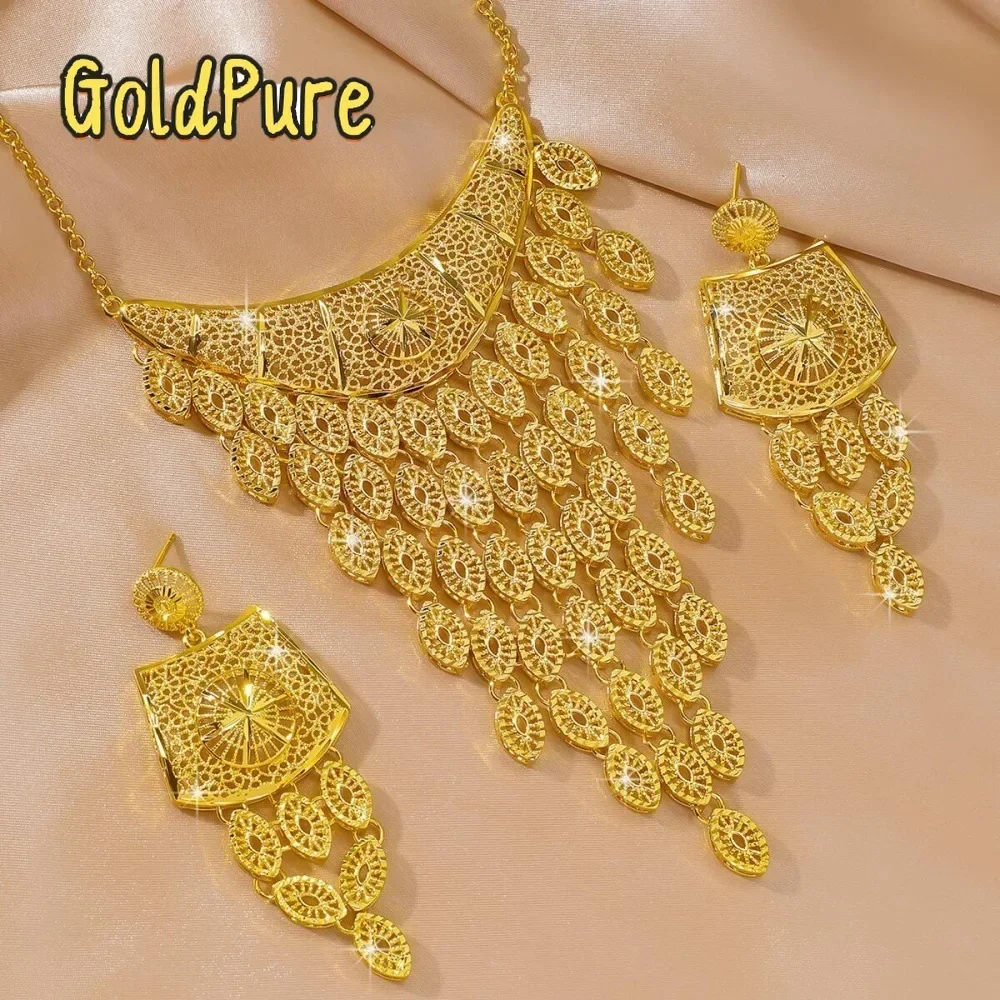 

Goldpure Women's Dubai Wedding Dance Performance Literary Retro 9999 24K Real Gold Oval Tassel Necklace Earring Set