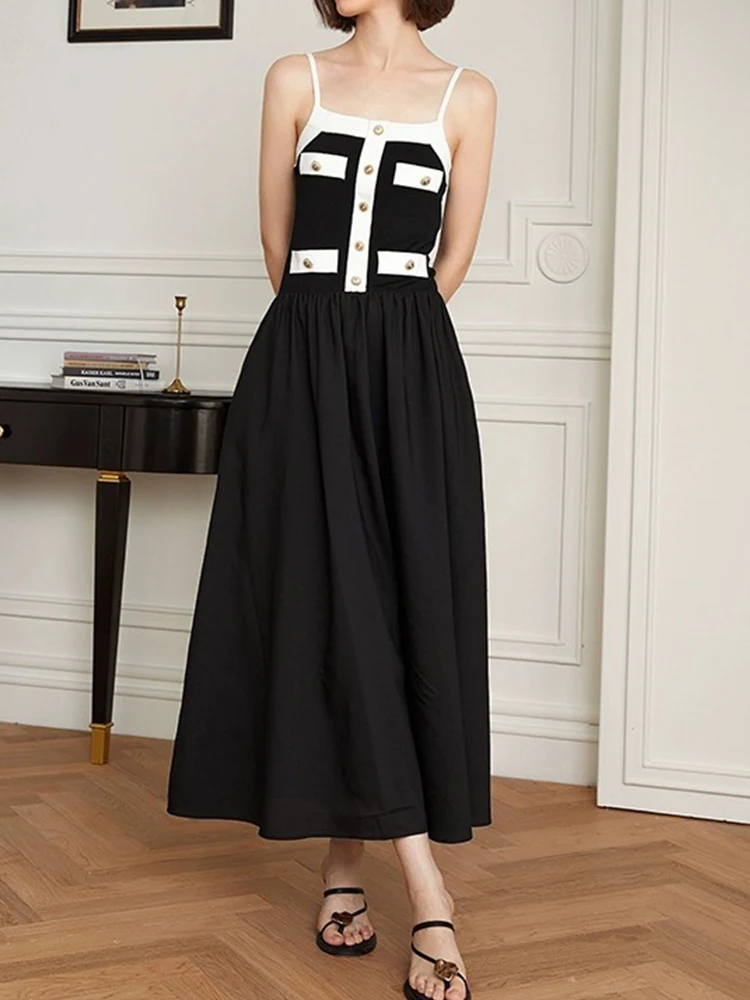 レトロなコントラストのセクシーなサスペンダー A ライン スカート ハイウエストとスリムな木製耳が付いた夏の女性の新しいエレガントでファッショナブルなドレス。