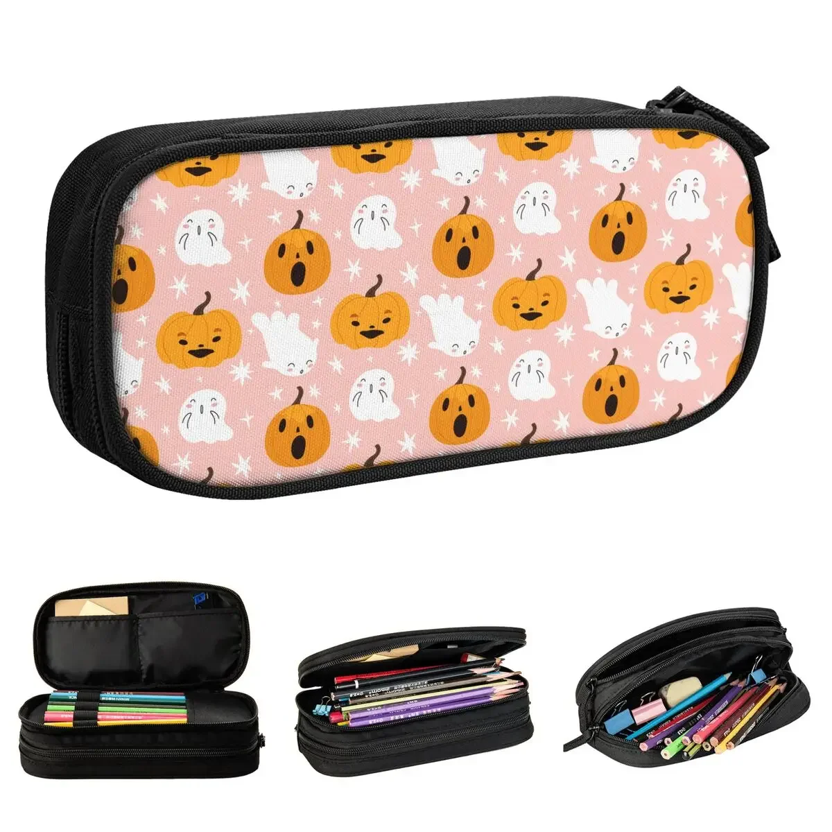 Cute Halloween Cartoon Ghost Pumpkins Pencil Cases Classic Pink Pen Box Bag Student Large Students School Zipper Pencil Pouch