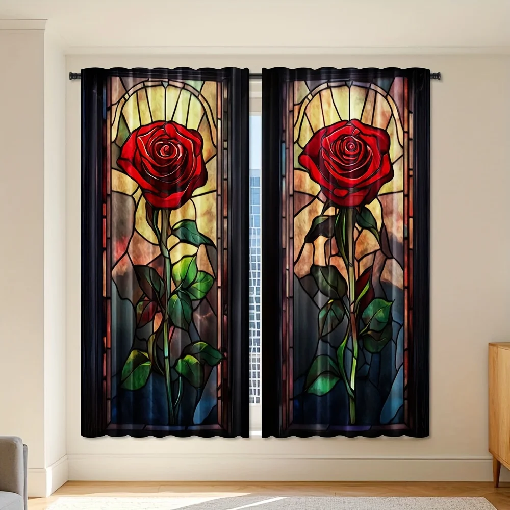 Mosaic Stained Glass Red Rose Curtain 2 Panels Multi Color Glass Sliver Single Bloom Inn Room Curtain Romantic Art Bedroom Home