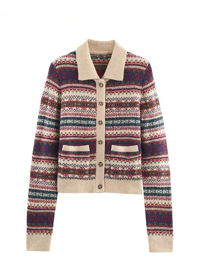 

Autumn Women Knitted Coat Fashion Long Sleeve Button Stripe Print Knitted Cardigan Women Elegant vintage Short Coats