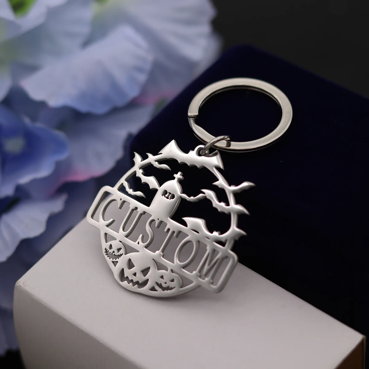 QIAMNI هالوين مخصص اسم المفاتيح الفولاذ المقاوم للصدأ شبح اليقطين المعلقات كيرينغ حقيبة يد السيارة ديكور DIY بها بنفسك هدايا مجوهرات الحفلات #4