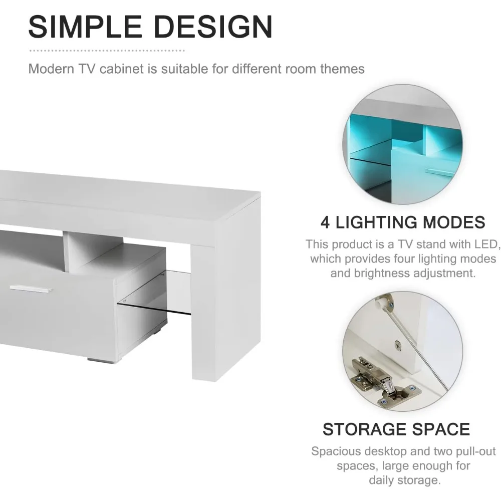 LED TV Stand for 75 Inch TVs, High Gloss Entertainment Center with Storage Drawer, Living Room Console Table, Bedroom Media Furn