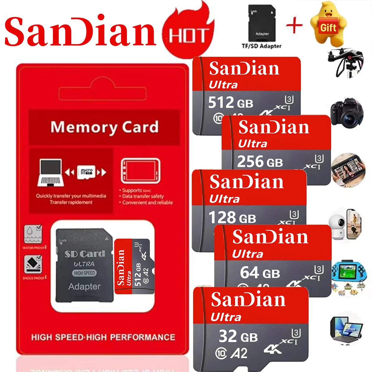 SD Cards 32GB 512GB 128GB Memory Card Micro TF SD Card TF Cards Full HD V10 A1 for GoPro/Gaming Console/MP3 Player/Recorder
