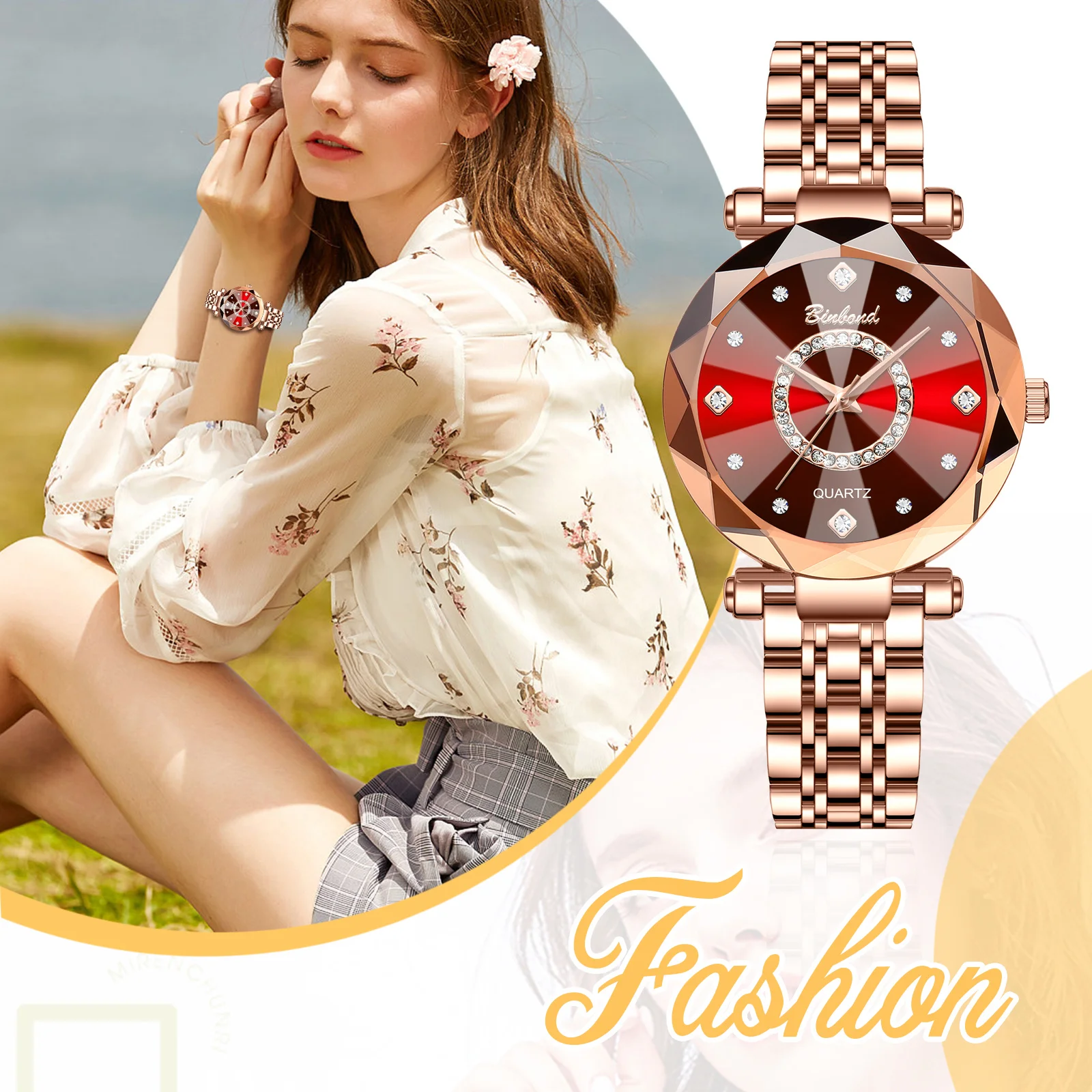 LANCARDO นาฬิกาควอทซ์ของผู้หญิง Ocean Heart กระจกตัดหลายมุมนาฬิกากันน้ําหน้าปัดเพชรสายสแตนเลสแบบถอดได้