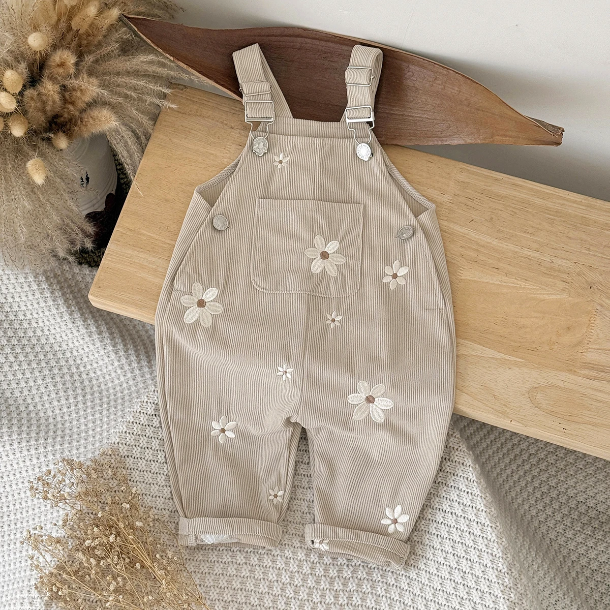 Spring Autumn Baby Girl Oatmeal Corduroy Overalls, Toddler Allover Daisy Embroidered Adjustable Strap Long Pants