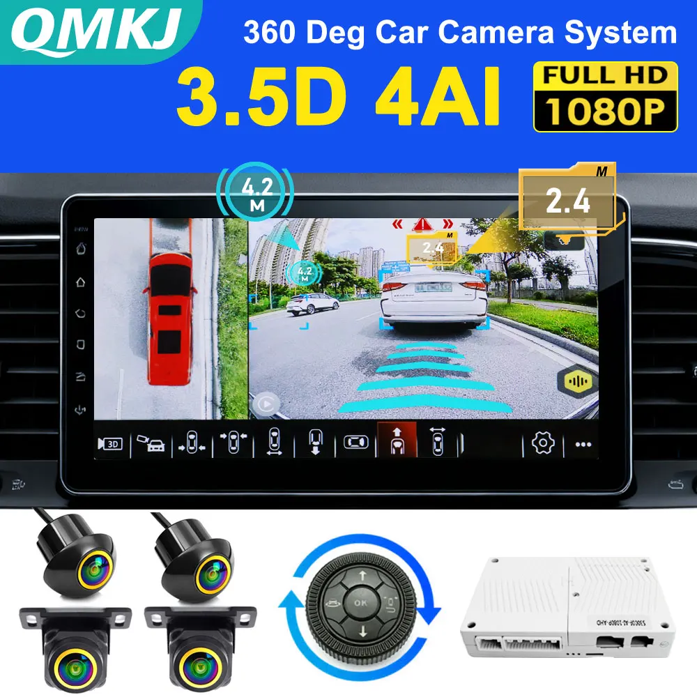 

QMKJ 4K 3.5D 4 Side AI Intelligent 360 Degree Surround View Car Cameras System AHD 1080P 4 way monitoring DVR for Android Screen