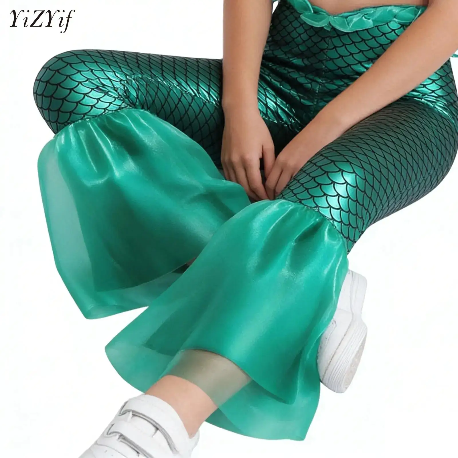 

Girls Mermaid Cosplay Costume Ruffle Flared Pants Fish Scales Halloween Carnival Jazz Disco Dance Outfit Party Role Play