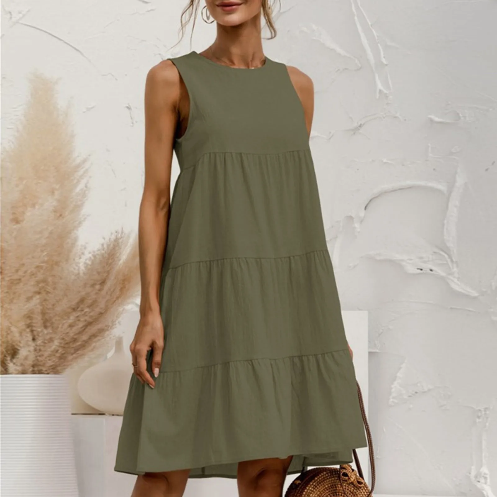 

Plus Size Summer Dresses For Women Womens Casual Solid Sleeveless Sundress Round Neck A Line Two Sided Dress Casual Short Dress