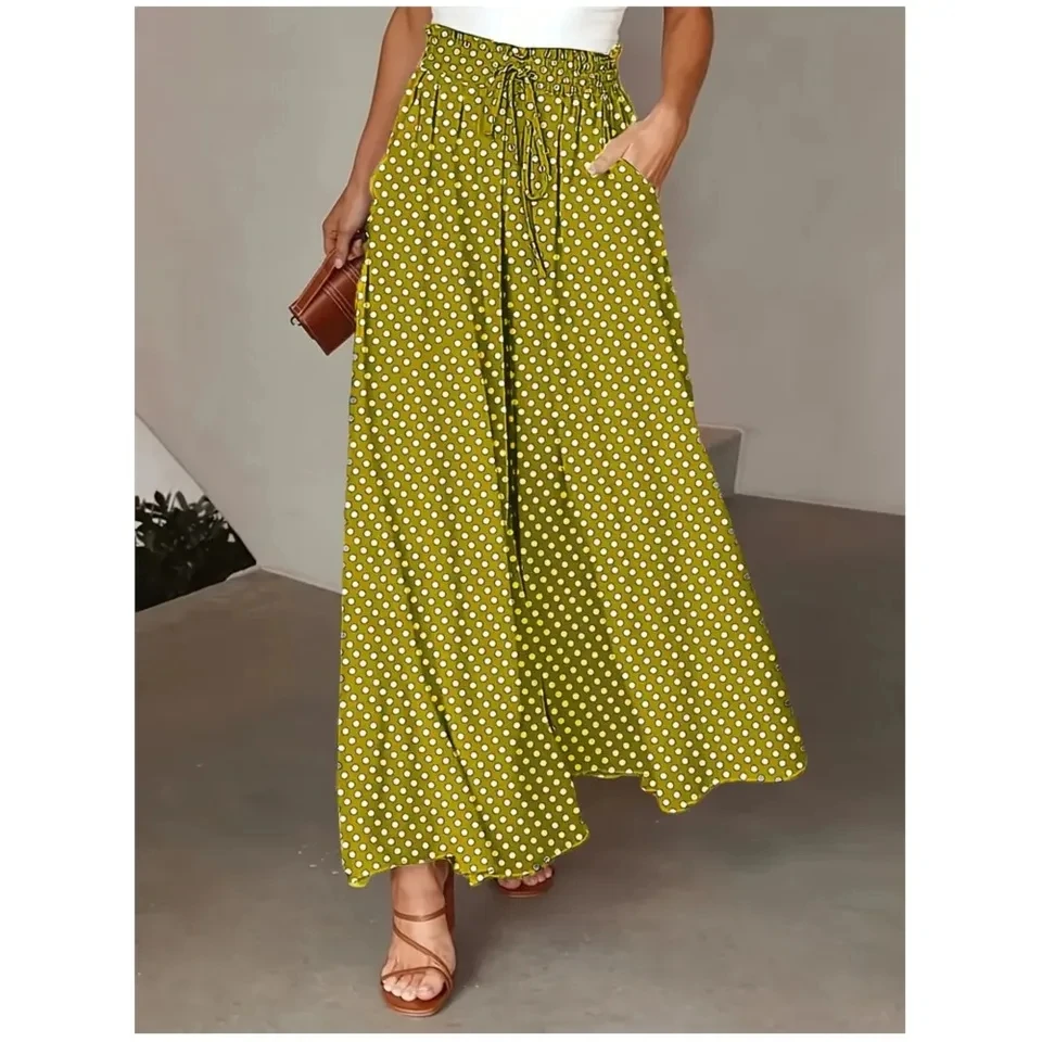 

Spring Summer Bohemian Polka Dot Printed Wide Leg Trousers Women Fashion Pocket Elastic Waist Casual Seaside Versatile Trousers