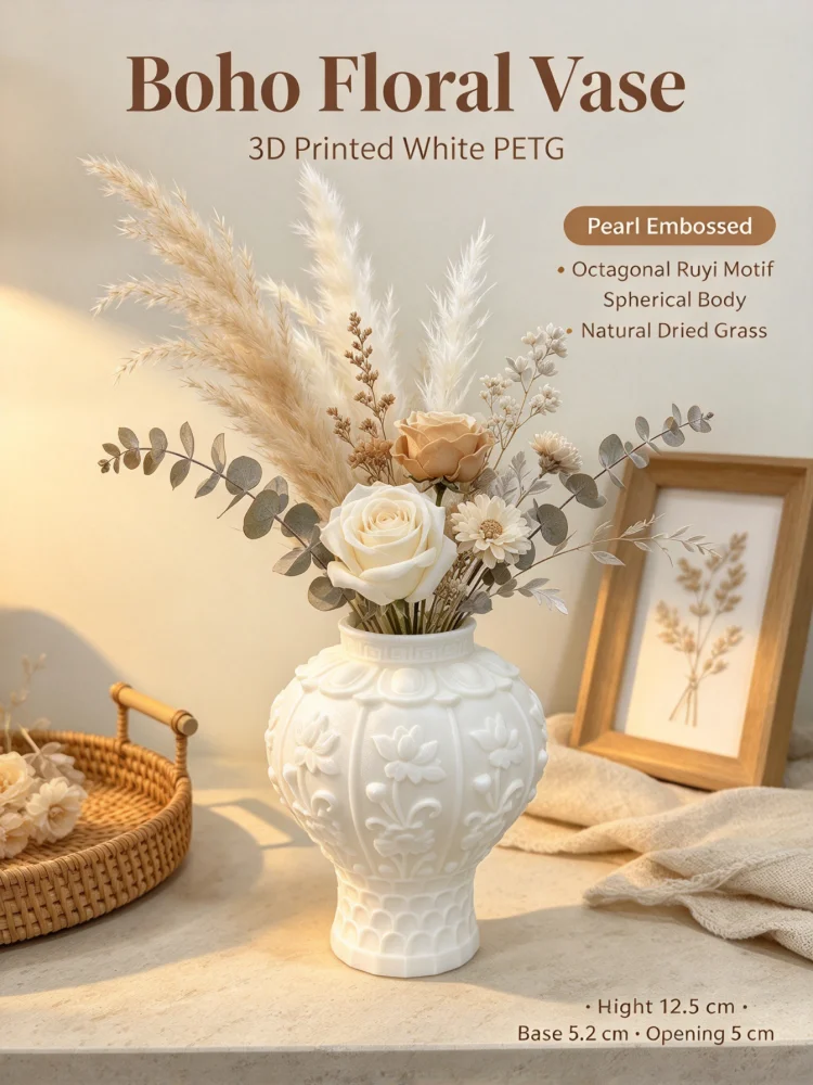 12.5cm Tall Small Desktop Vase, 3D Printed White Petg with Embossed Lotus Pattern, Octagonal Ruyi Design, Spherical Narrow-Mouthed Bohemian Style, Decorative Vessel for Dried Flowers and Pampas Grass, Home Decor for Living Room and Bedroom, Bathroom Shelf and Office Decoration, Small Apartment Arrangement for Wedding Scenes, Shatterproof Lightweight Creative Home Decor Gift - view 5