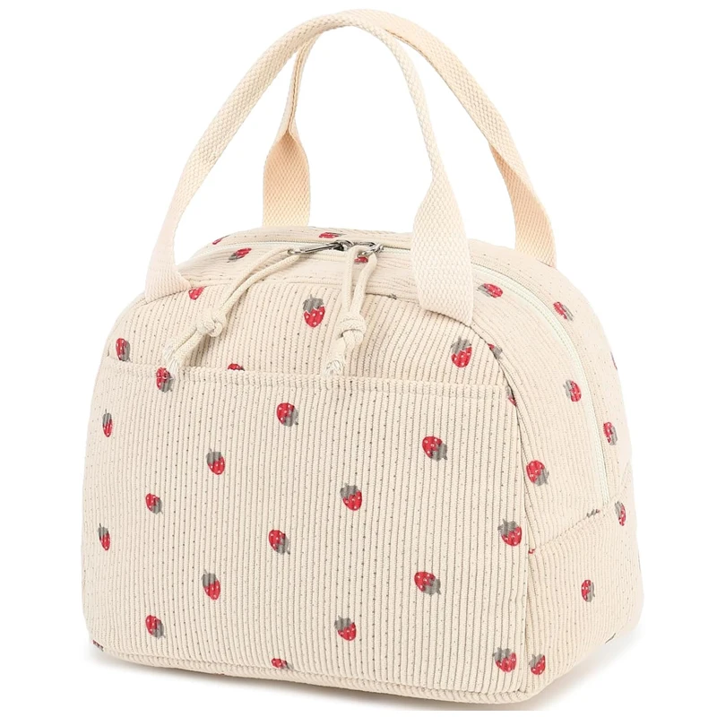 

Corduroy Lunch Bag Cute Strawberry Pattern Picnic Bag Food Beverage Storage Bag Cooler Box for Camping Travel Work