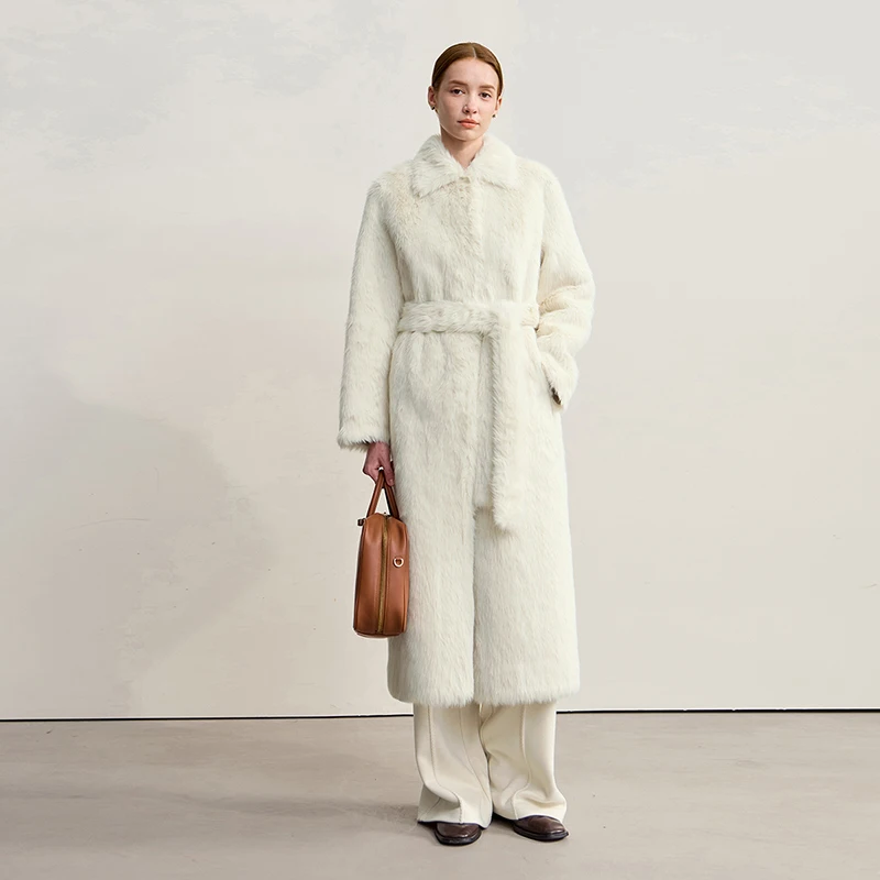 AMII Pelzmantel Frau 2025, Winter, neu, warm, mit Gürtel, Schulterärmeln, langer Pelzmantel, lockere, gerade, elegante Plüschjacke 12554009