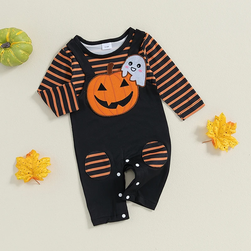 Baby Halloween Romper Casual Striped Print Embroidery Toddler Long Sleeve Jumpsuit for Newborn Girl Boy Cute Clothes