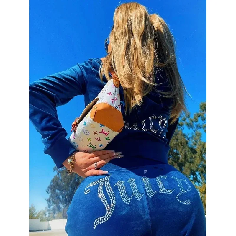 Новый комплект из двух предметов 2025 года, укороченная куртка с капюшоном и брюки для бега с бриллиантами, уличная одежда, спортивные костюмы Juicy Corture Track eqs9X