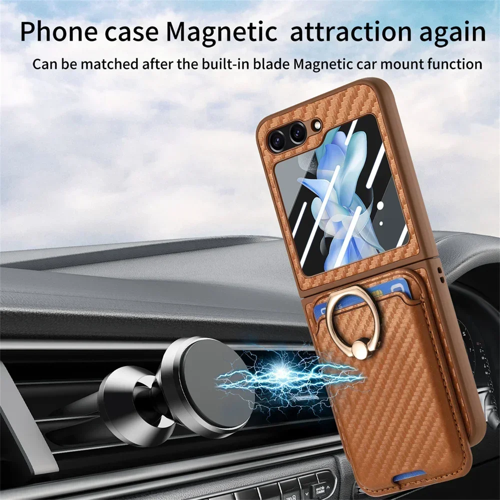 Magnetic Wallet Phone Case for Samsung Galaxy Z Flip 7 FE 6 5 4 PU Leather Cover Detachable Carbon Fiber Card Screen Protector