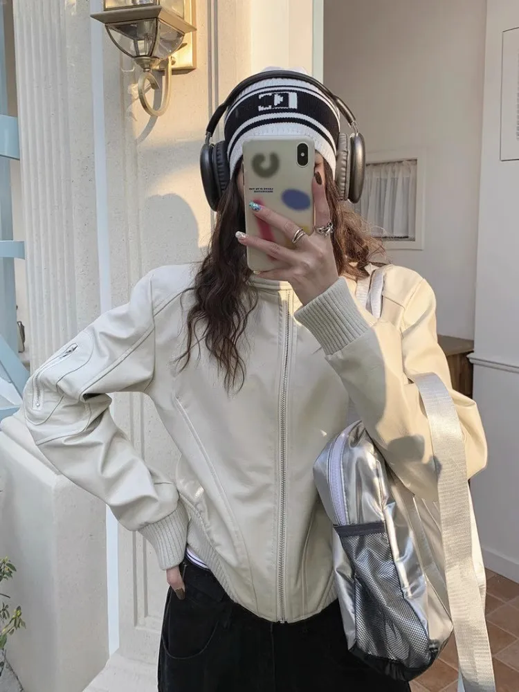 Retro americano ort Jaet Design ampio da donna Senso Piccolo ence Cappotto in pelle da motociclista Stagione autunnale Materiale PU