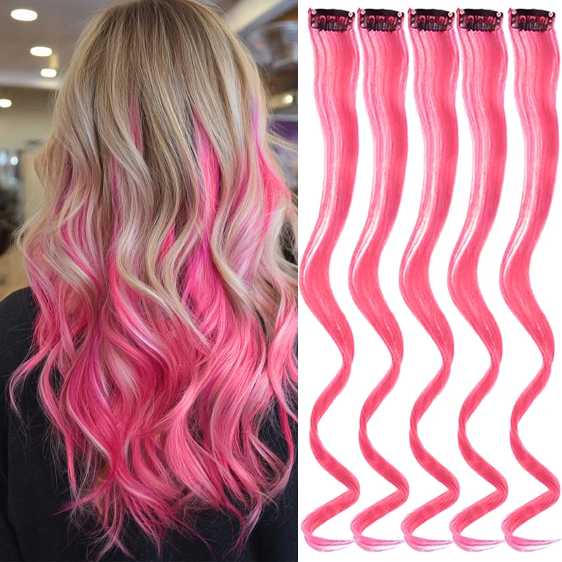 

5Pcs/Pack Wavy Clip in Hair Extensions Pink Wig Long Wavy Curly Hair Extensions Hairpiece for Women Daily Use Party Highlights