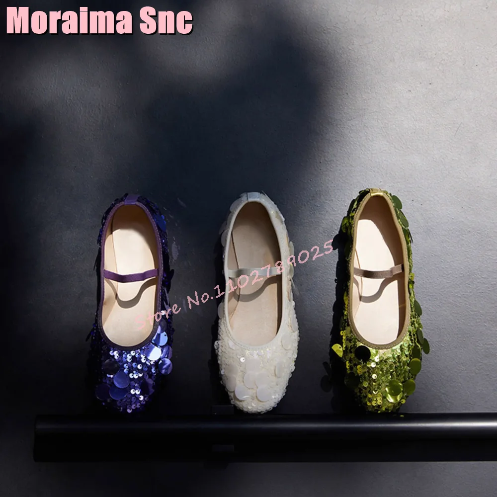 Ballerine con paillettes Bling punta tonda piatte con cinturino alla caviglia moda elegante Slip On scarpe da donna 2024 primavera estate verde