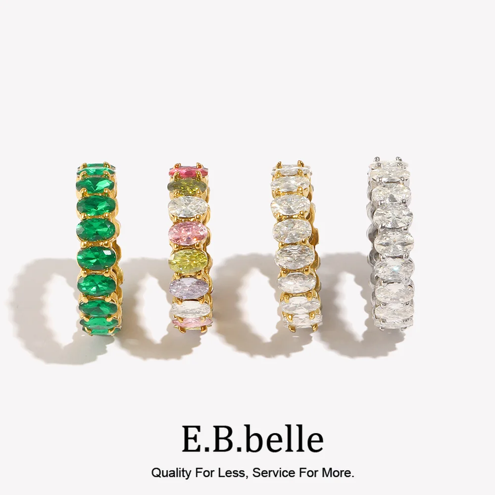 E.B.belle Wedding Party Oval Shape Zircon Rings For Ladies Prong Setting Clear Crystal Emeraled Green Women's Baguette Ring