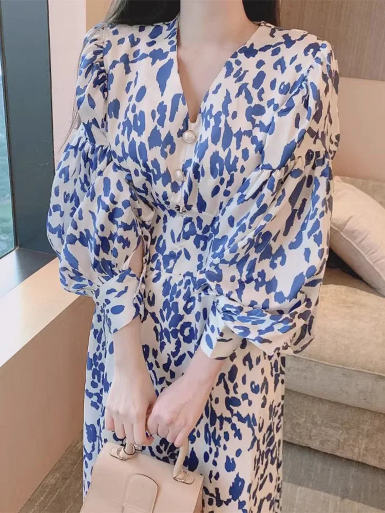 Chic Vintage V-ne Pearl Button High Waist Slimming Bubble Sve Print Dr Women's Korean Sle Long Sve Spring Dr