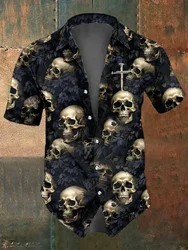 Summer Men's Skull Shirts Casual Short Sleeve Shirt For Men Black White Printed Men's Clothing Loose Oversized Lapel Shirts Top