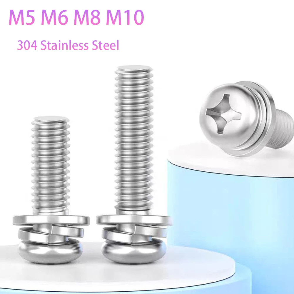 M5 M6 M8 M10 304 Stainless Steel Cross Recessed Pan Head Screws With Washer Phillips Three Combination Machine Sems Screw