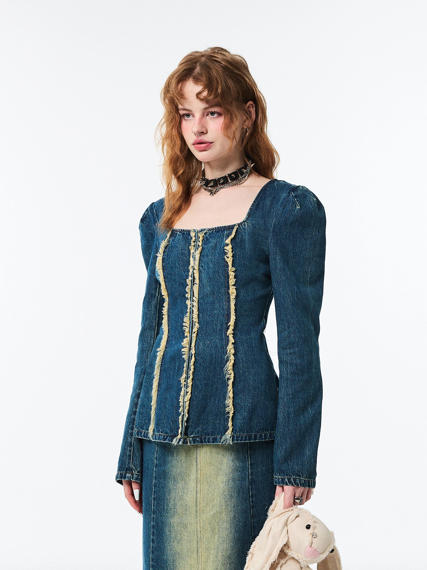 Retro Washed Drawstring Destruction Versatile Fashion Denim Clothing Slim Fit off-Shoulder Jacket