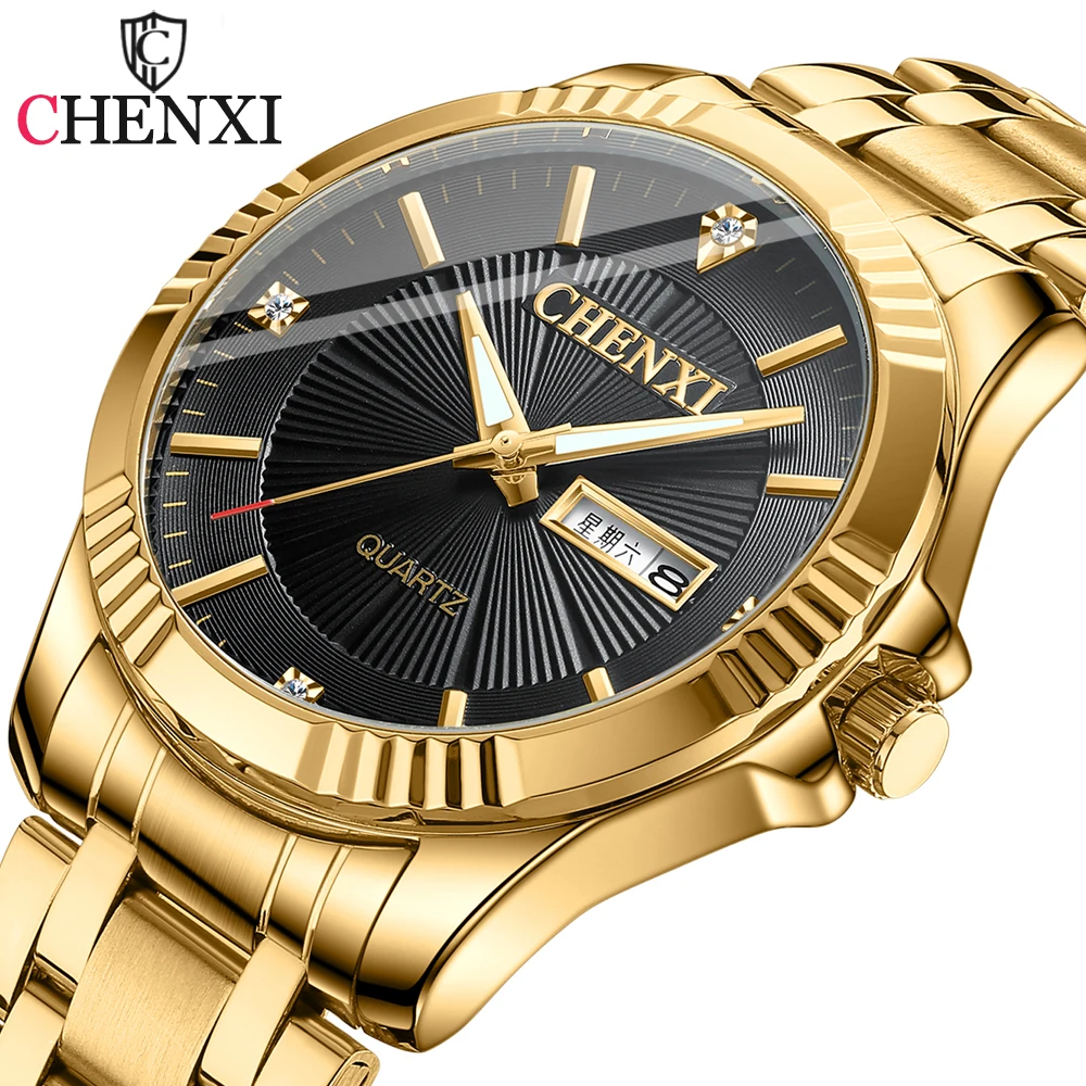 CHENXI Mens Womens Watches Classic Stainless Steel Quartz Watch  Fashion Luxury Golden Men Waterproof Business Wristwatch