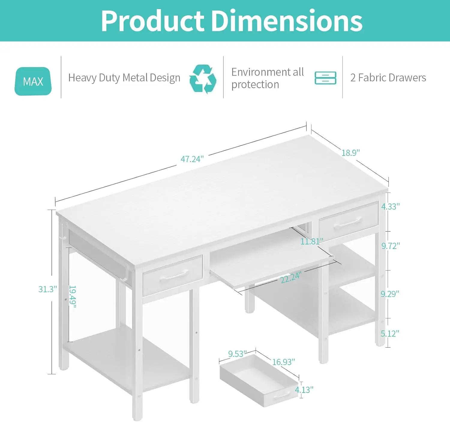 White Desk with Keyboard Tray Slide Out, 47 Inch Home Office Computer Desks with Fabric Drawers & Storage Shelves