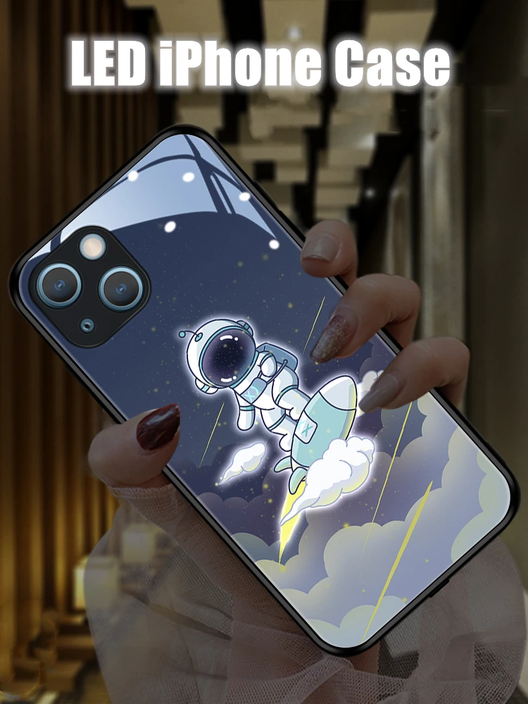 Cute Astronauts LED Light Glowing Luminous Tempered Glass Back Phone Case for iPhone 11 12 13 14 15 X Xs Xr Mini Pro Max Plus