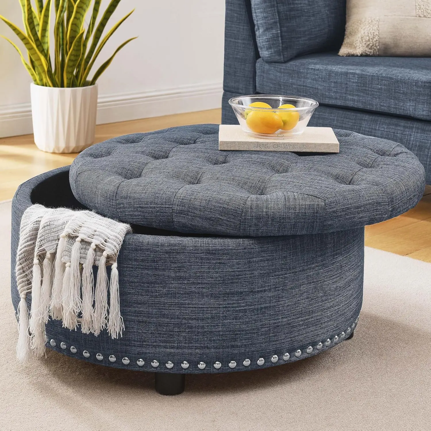 Tufted Round Storage Ottoman Nailhead Trim 30