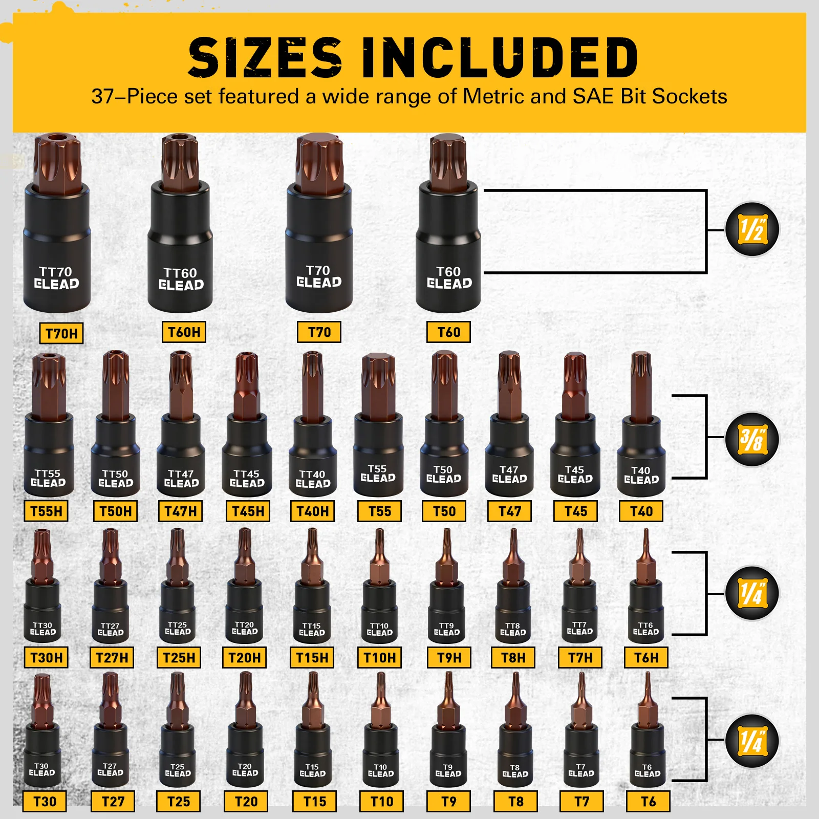 ELEAD 37-Piece Premium Torx Bit Socket Set (T6–T70/T6H–T70H) — CR-V & S2 Steel, High-Torque Ratchet, 1/4